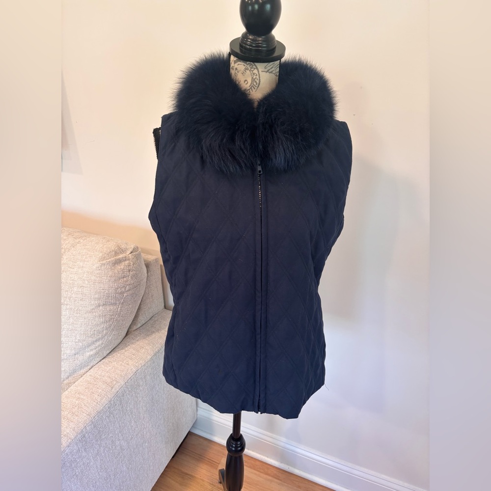 Women's blue vest jacket with fox fur trim size large